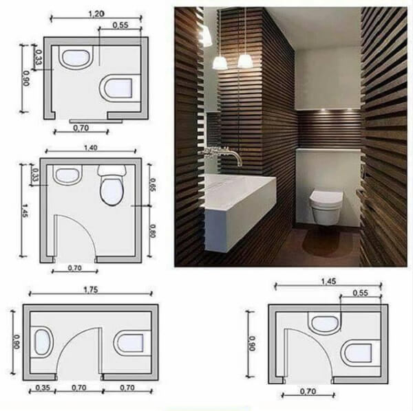 Kích thước nhà vệ sinh và nhà tắm cho nhà có diện tích vừa.