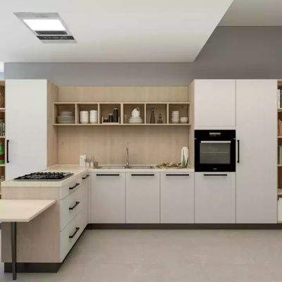 Tủ bếp nhôm kính chữ L màu trắng cho nhà nhỏ