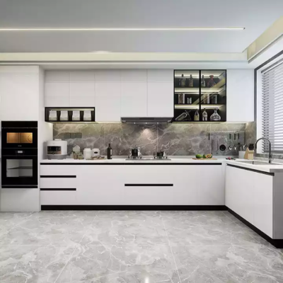 Tủ bếp nhôm kính chữ L màu trắng hiện đại