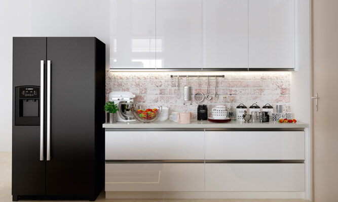 Tủ bếp nhôm màu trắng kèm với tủ lạnh màu đen