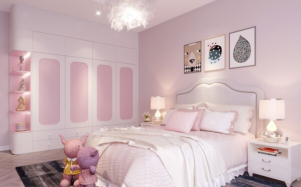 Thiết kế phòng ngủ đẹp cho nữ màu hồng với ánh sáng bố trí hợp lý.