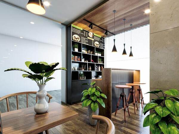 Không gian thiết kế quán cafe nhỏ đơn giản tối ưu ánh sáng.
