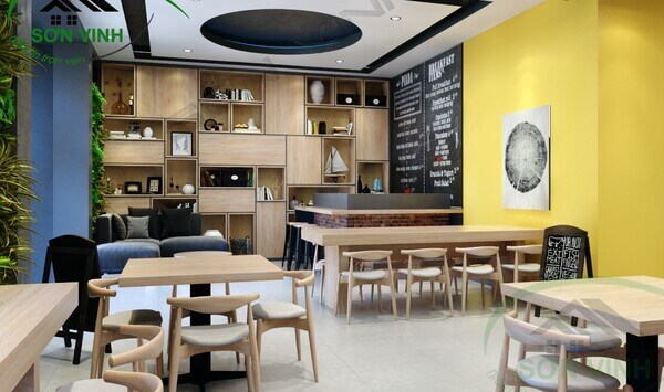 Bản vẽ thiết kế quán cafe nhỏ với phong cách trang trí tường ấn tượng.